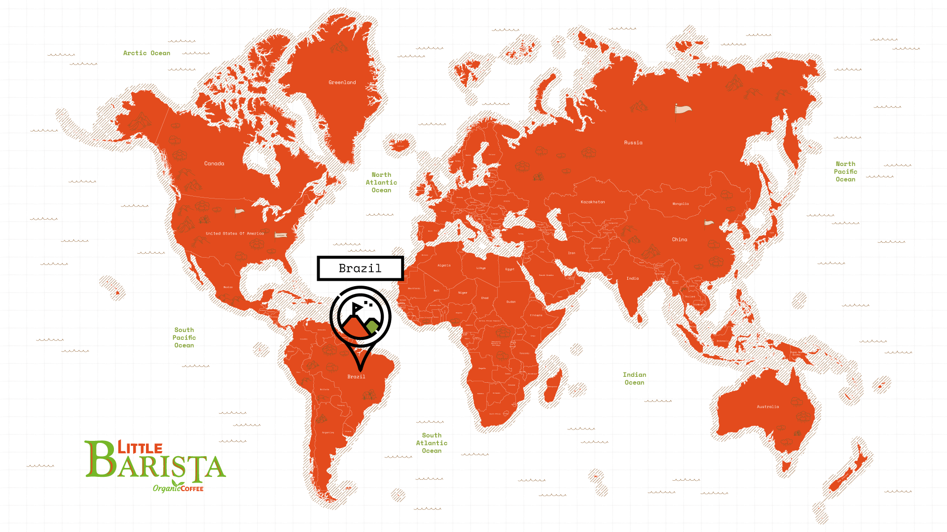 World map highlighting Brazil – largest coffee-producing country known for smooth, nutty Arabica beans