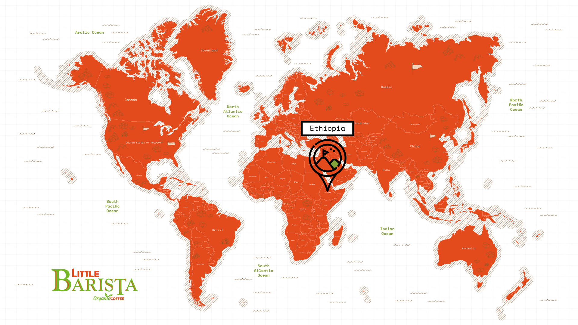 World map highlighting Ethiopia – birthplace of Arabica coffee with diverse coffee-growing regions