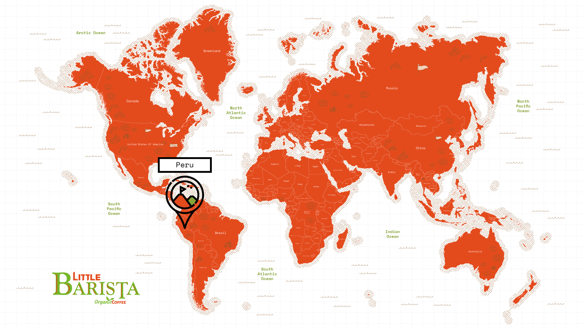 World map highlighting Peru – South American coffee-growing region known for Norandino co-operative Arabica beans