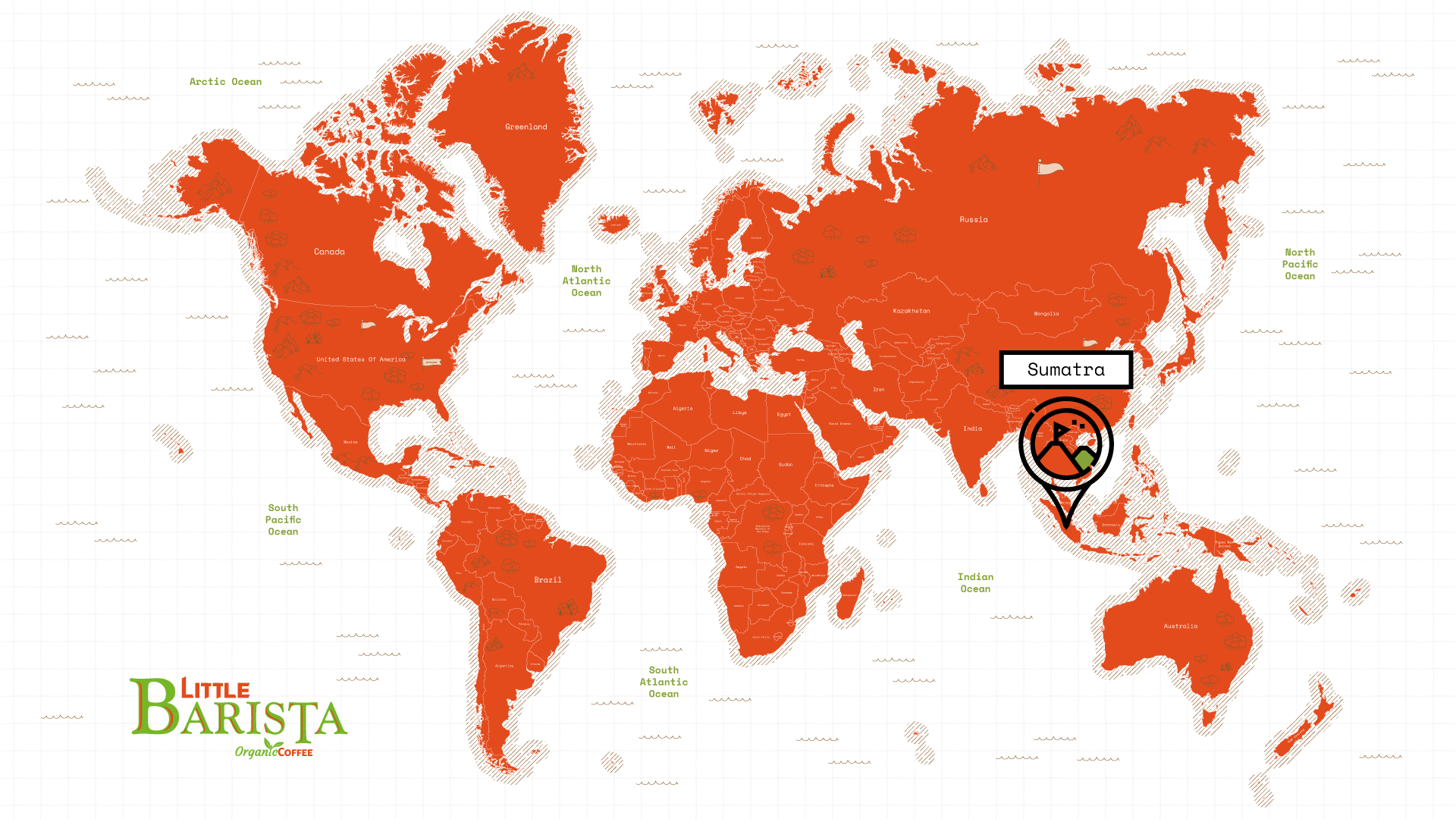 World map highlighting Sumatra – Indonesian coffee-growing region in Aceh known for bold, earthy Arabica beans