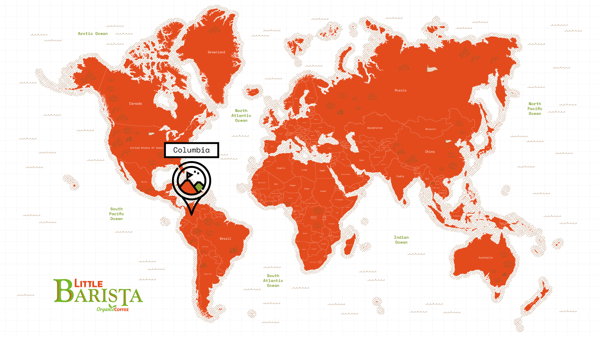 World map highlighting Colombia – renowned South American coffee-growing country known for balanced Arabica beans