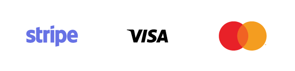 Payment method icons for Stripe, Visa, and Mastercard – secure online payment options