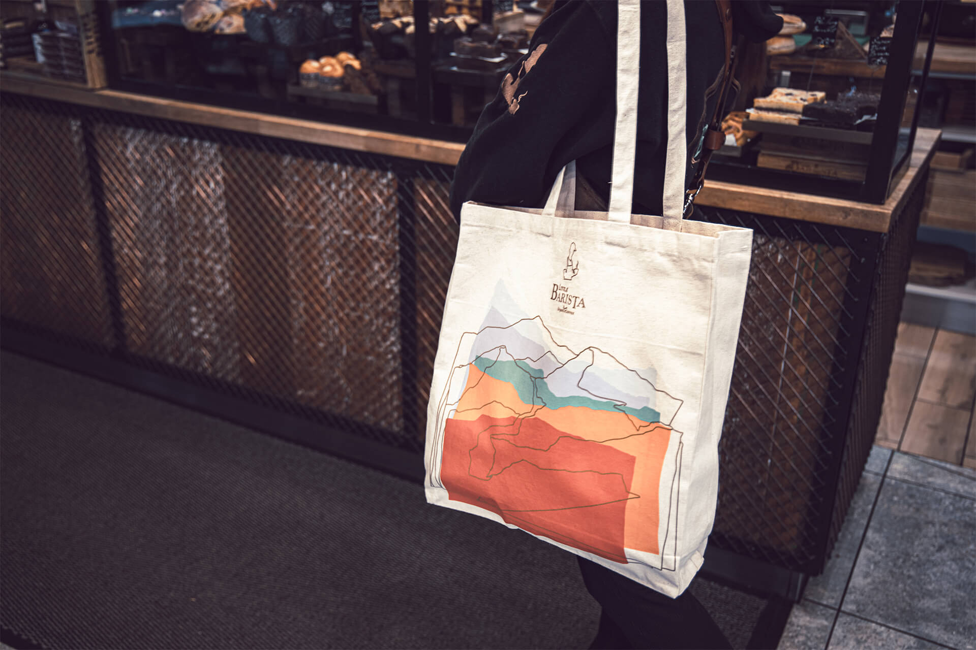 Eco-friendly organic cotton coffee tote bag by Little Barista – reusable bag with printed branding