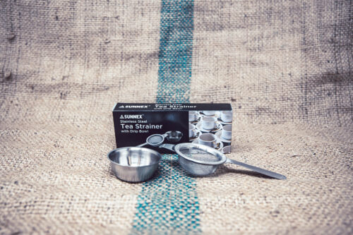 Boxed Sunnex stainless steel tea strainer and drip bowl set – reusable loose tea infuser for clean steeping